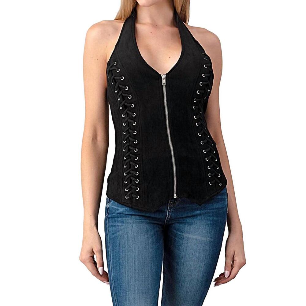 NEW LYDIA ozark zipped up faux suede halter top in black